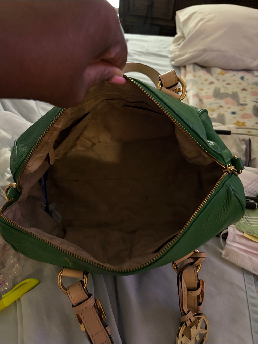 Michael Kors Green Leather Satchel with Beige Trim - Picture 10 of 15